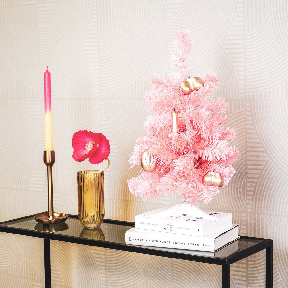 Kunstboom - Kerstboom met led-verlichting - Roze - 50cm