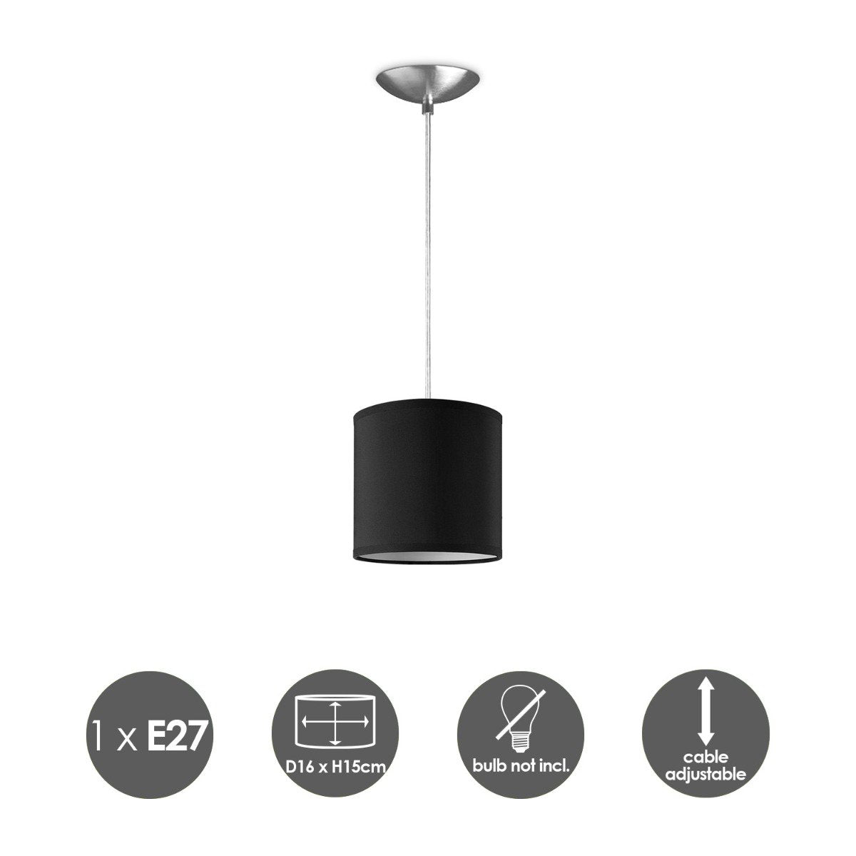 Hanglamp Bling met lampenkap, E27, zwart, 16cm