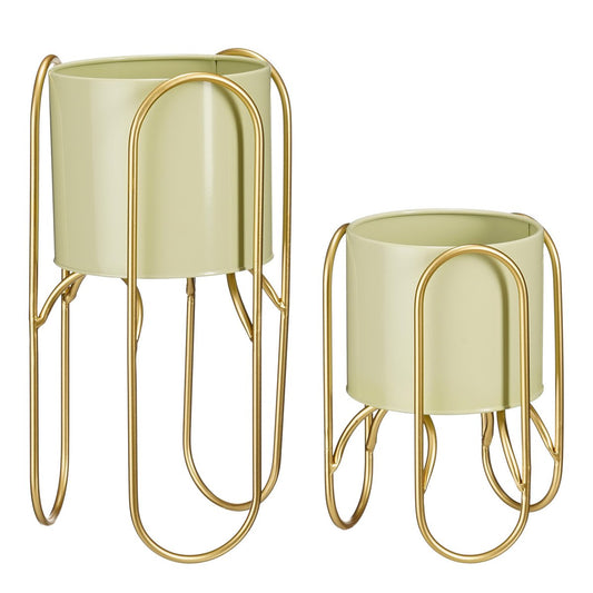 Danube Flower Pot on Stand - Set of 2 - Metal - H45 x Ø23 cm - Light Green, Gold