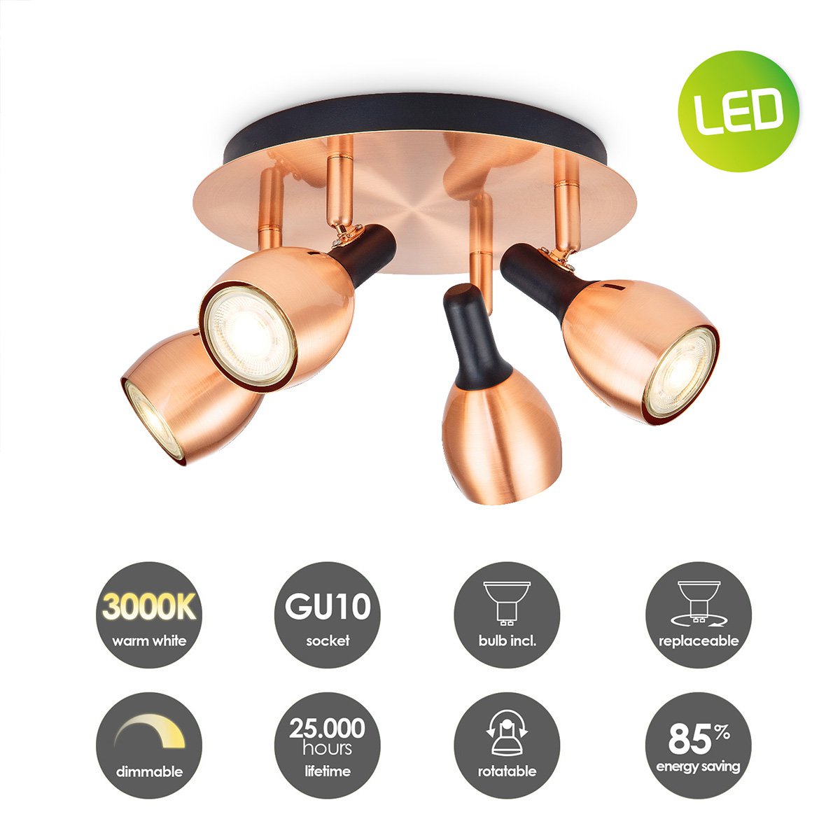 LED Opbouwspot Novi 4 - incl. dimbare LED lamp - Koper