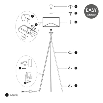 Lampadaire Moderne - Abat-jour noir doré - 53x53x138